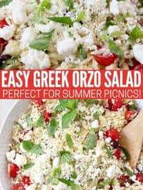 greek orzo salad with tomatoes and feta cheese in bowl with wooden spoon