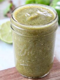 mason jar of green enchilada sauce