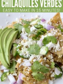 chilaquiles on plate topped with cilantro and avocado