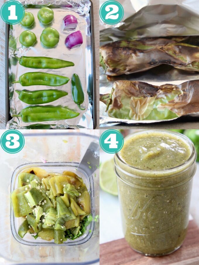 collage of images showing how to make green enchilada sauce