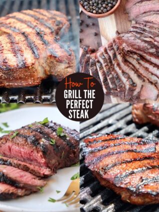 collage of images showing steaks on grill and sliced on plates