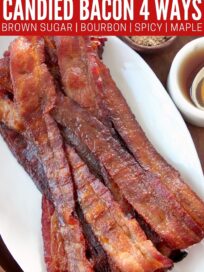 cooked bacon piled up on white plate