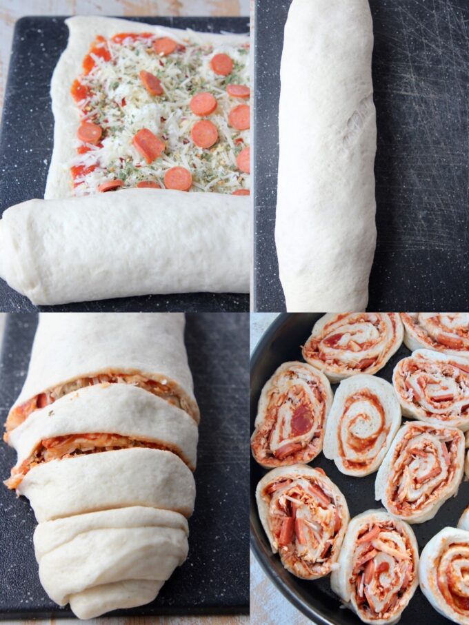 collage of images showing how to make pizza rolls