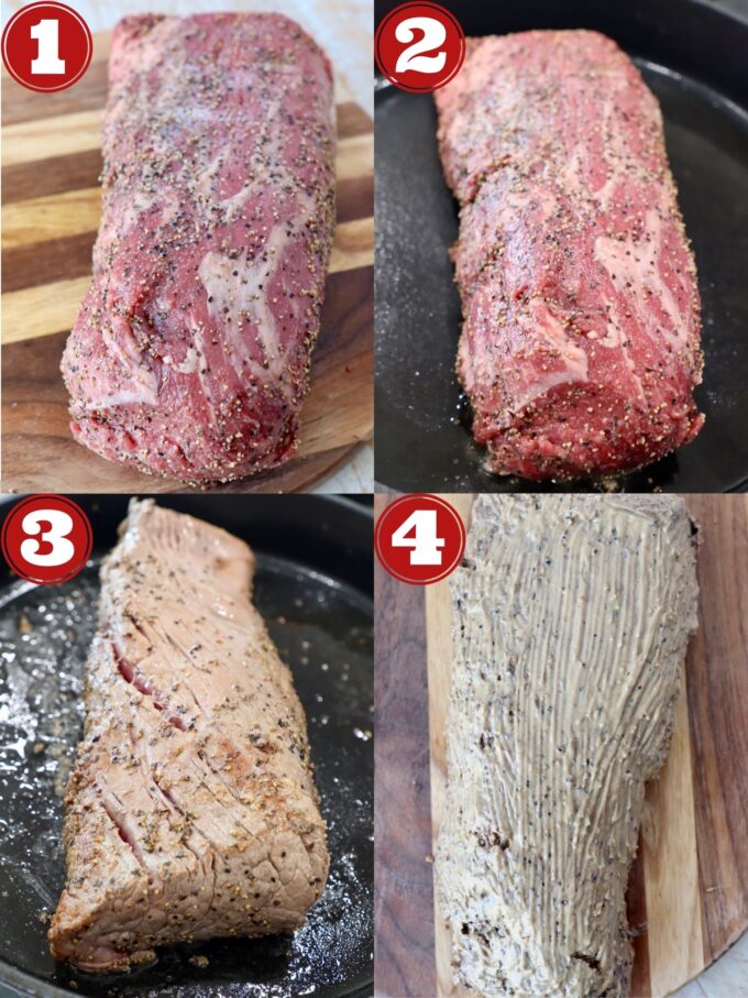 collage of images showing how to sear beef tenderloin