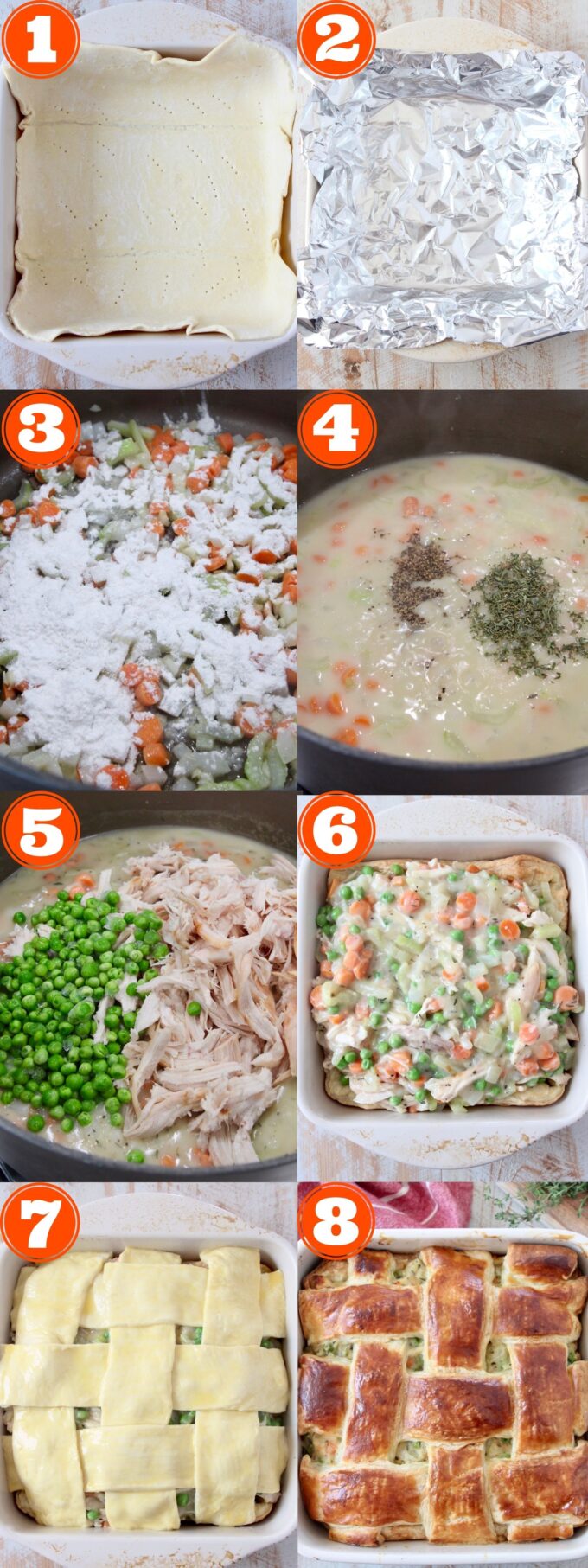 collage of images showing how to make chicken pot pie