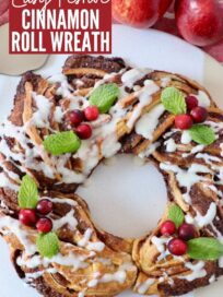 cinnamon roll wreath on round serving tray