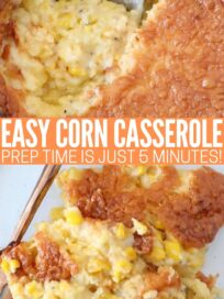 corn casserole on white plate with fork and in yellow baking dish with serving spoon
