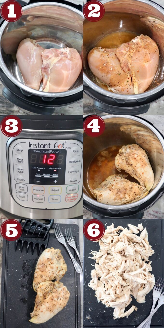 collage of images showing how to make shredded chicken in an Instant Pot