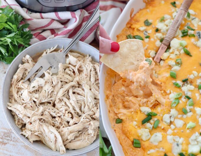 shredded chicken in bowl and in buffalo chicken dip with chip