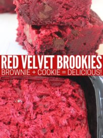 uncooked red velvet brookies in pan and baked brookies stacked on top of each other