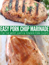 grilled pork chops on plate and raw pork chops in bag of marinade
