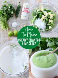 collage of images showing how to make creamy cilantro lime sauce