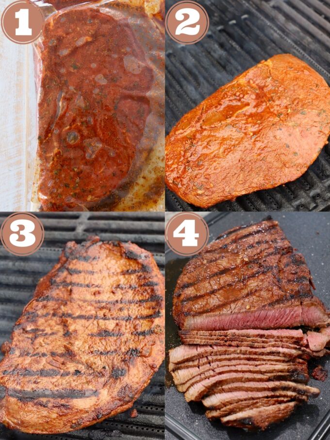 collage of images showing how to make marinated grilled steak tacos