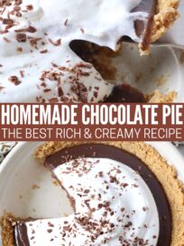 chocolate pie with graham cracker crust in pie plate topped with whipped cream