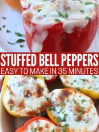 stuffed peppers topped with melted mozzarella cheese on plate and in baking dish
