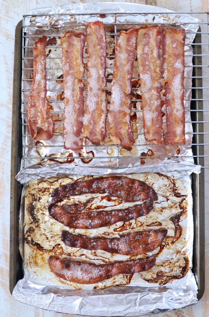 cooked bacon on baking sheet