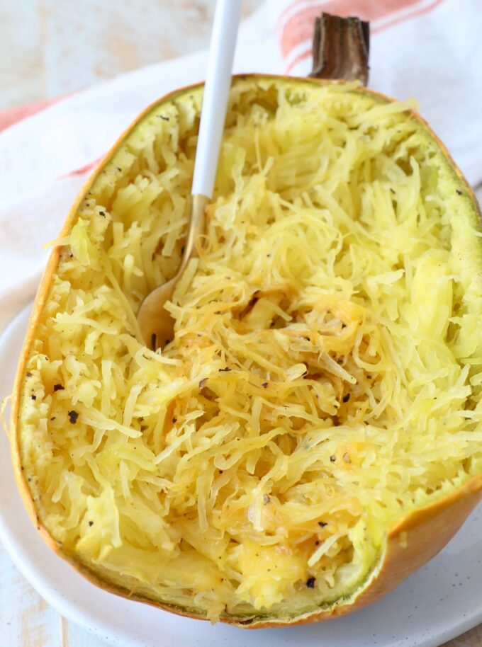 roasted spaghetti squash on plate with fork