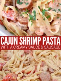 cajun shrimp and sausage pasta in bowl and in skillet
