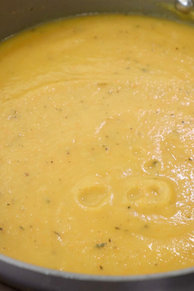 pureed acorn squash soup in pot