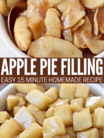 sliced apple pie filling in bowl with spoon and diced apple pie filling in bowl