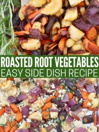 roasted vegetables on foil-lined baking sheet and on serving platter with large fork and fresh rosemary sprigs
