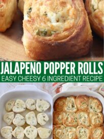 jalapeno popper rolls uncooked in casserole dish, baked in casserole dish, and on wood serving board