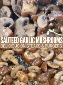 sauteed mushrooms in skillet and in wooden spoon