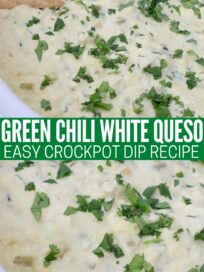 white queso in slow cooker topped with fresh chopped cilantro, with tortilla chips