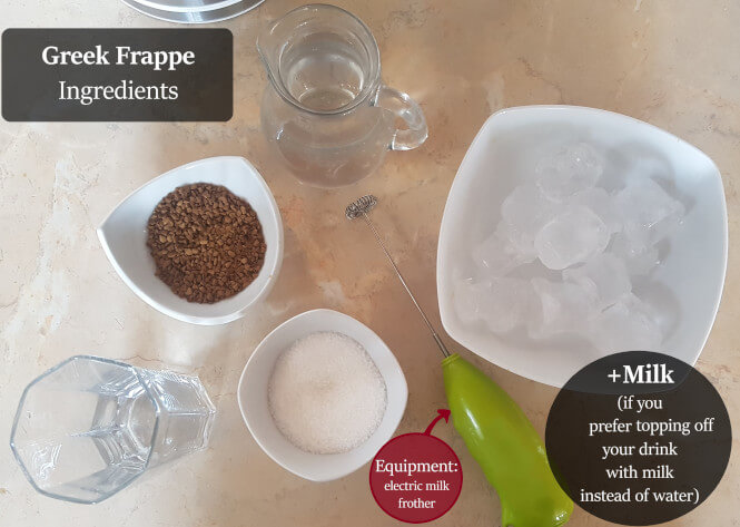 Greek Frappe ingredients and equipment
