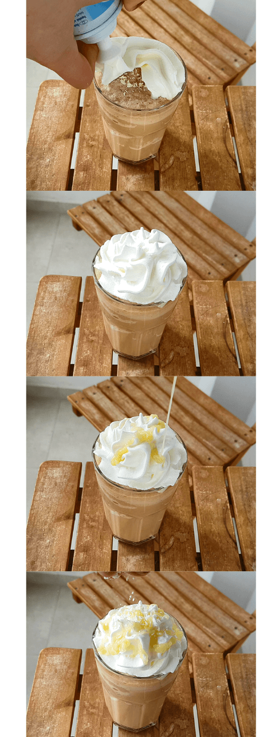 Adding toppings to white mocha frappe