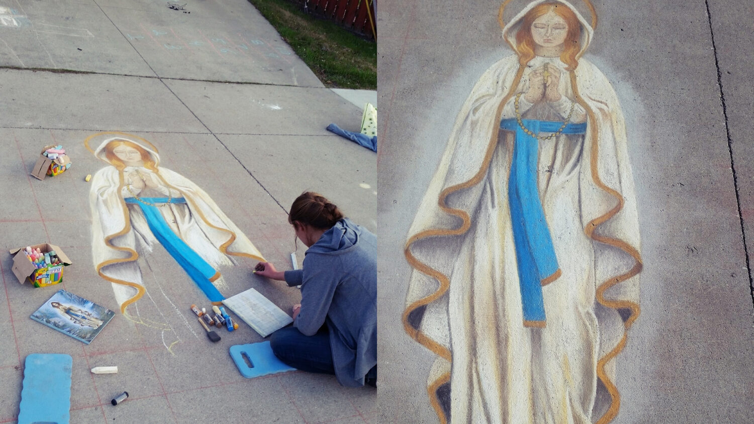 Evanjelizácia kriedou – obraz Panny Márie zdobí chodník