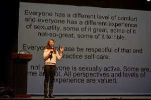 Shafia Zaloom, a sex educator, leads a presentation on consent in BHS’s Little Theater. 