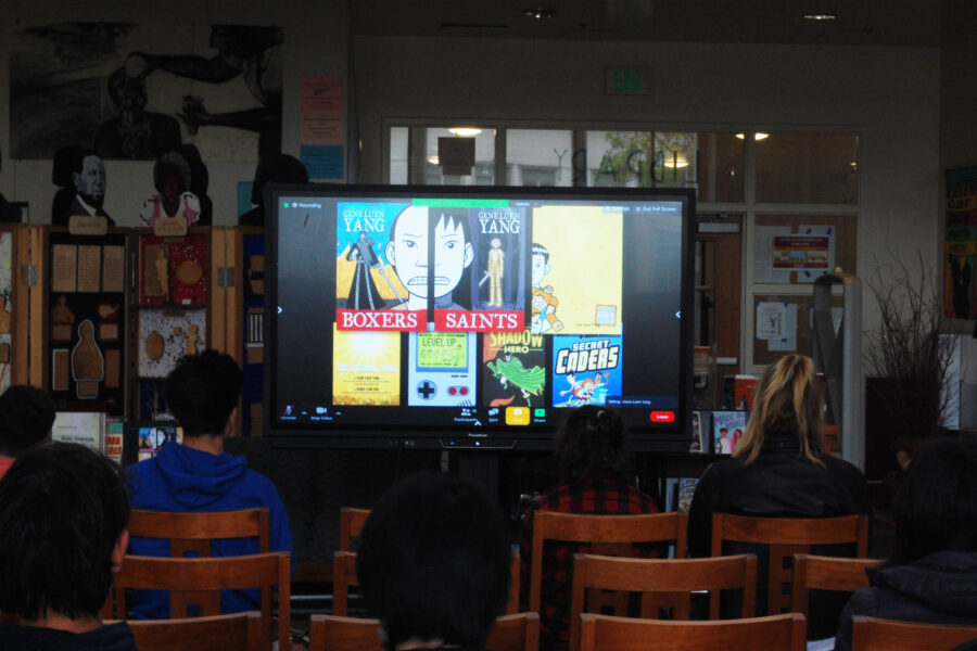BHS Students attend Gene Luen Yang Shang-Chi Zoom conference in the library.