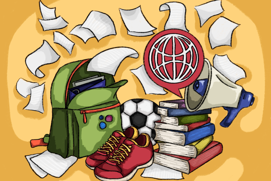 A backpack, with papers flying out, next to a stack of books, shoes, and a soccer ball