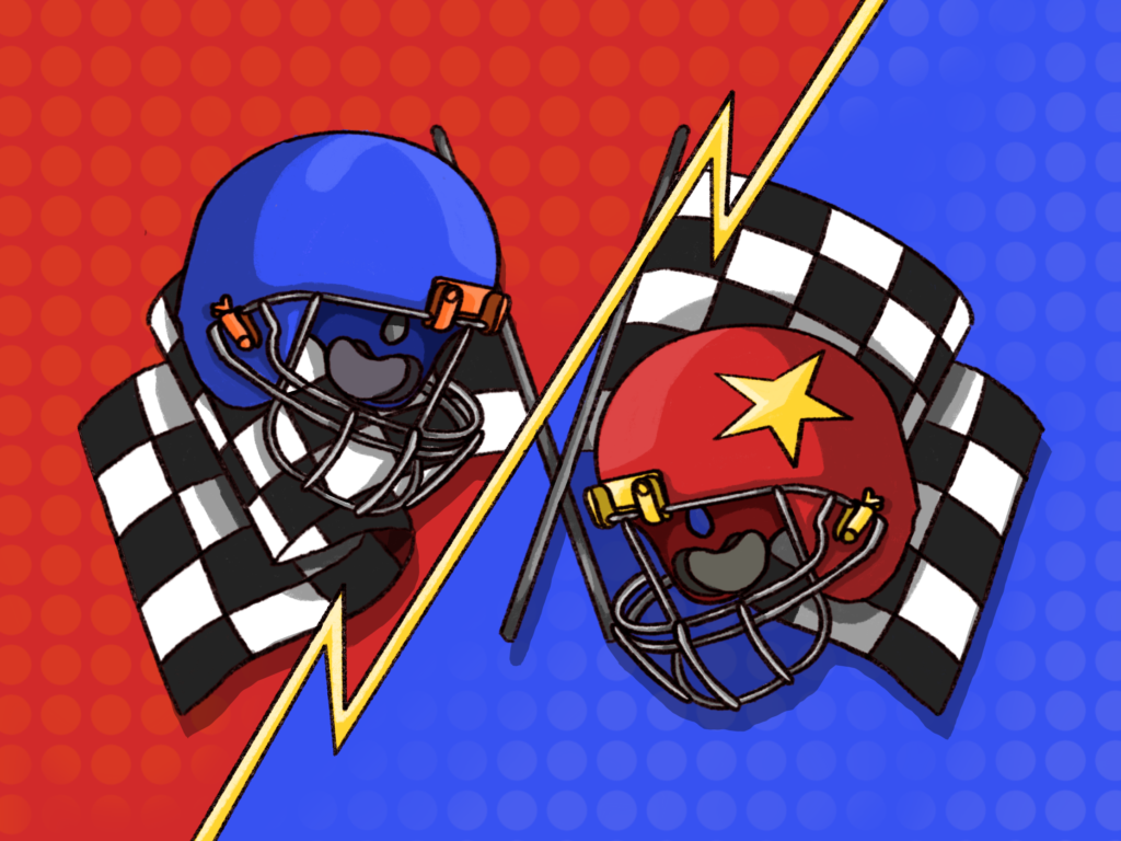 A red and blue football helmet with checkered flags behind them