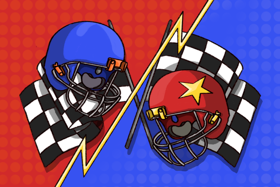 A red and blue football helmet with checkered flags behind them