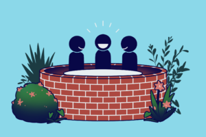 Illustration: A group of students sit around a table, with a brick wall around it