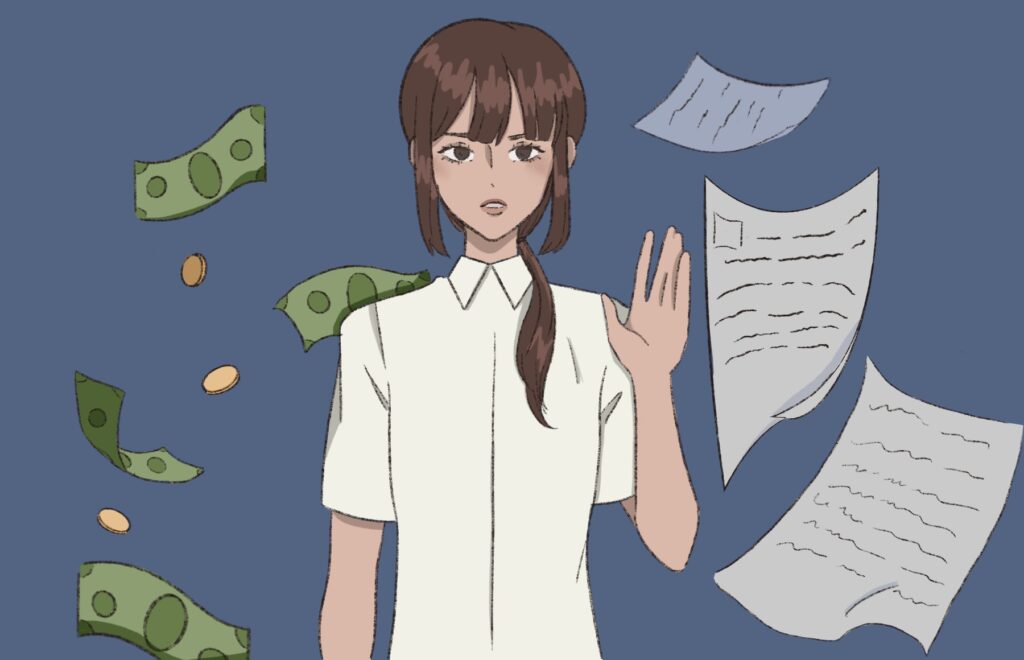 A girl stands in front of falling paper and coins