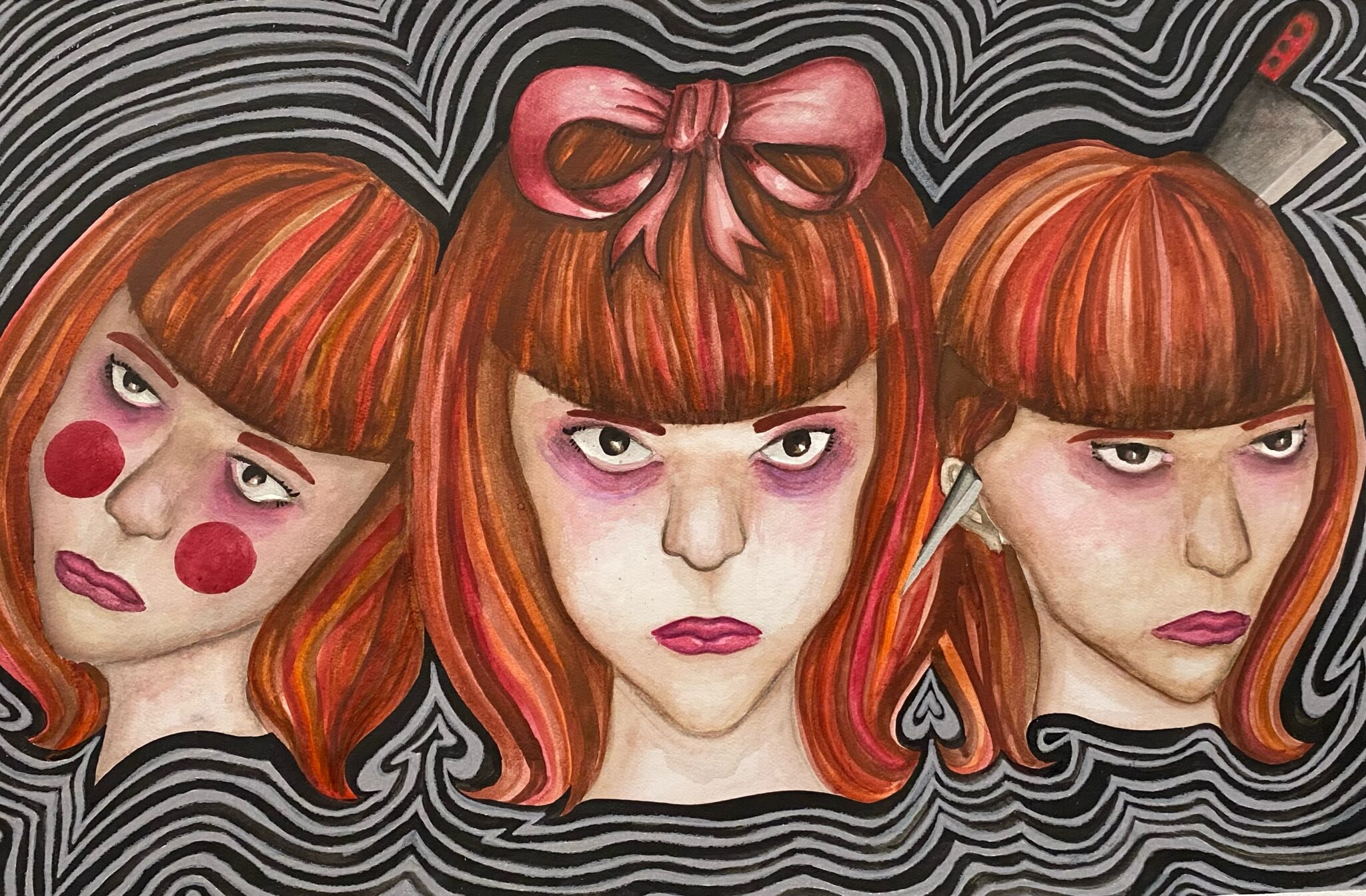 Three doll like woman staring menacingly
