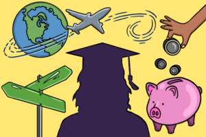A sillouette of a graduate surrounded (from left) by a road sign, a plane flying around a globe, and a piggy bank.