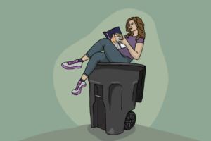Girl reading book on a trash bin