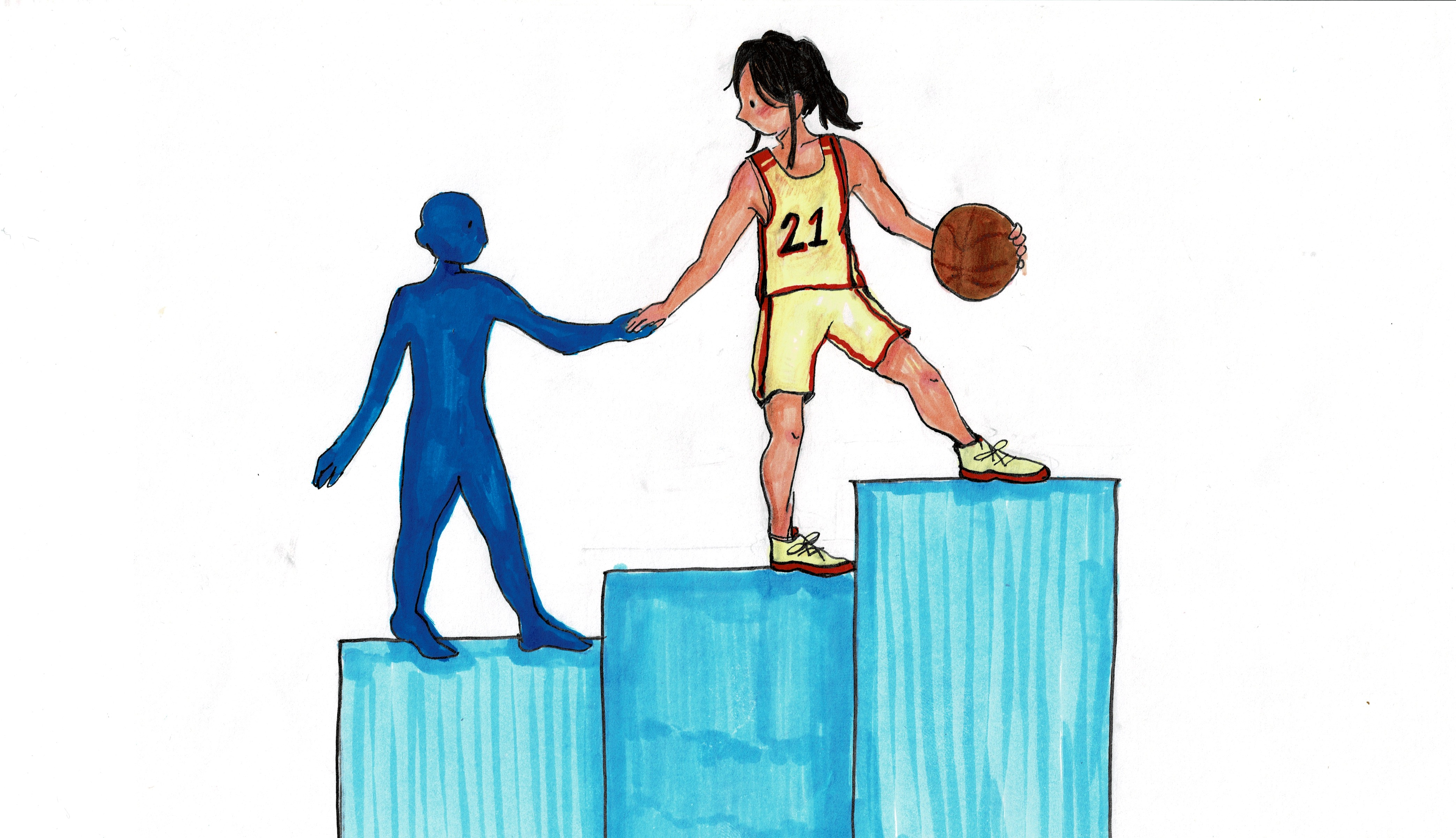 A person wearing a jersey holds the hands of a blue person on a series of ascending rectangles