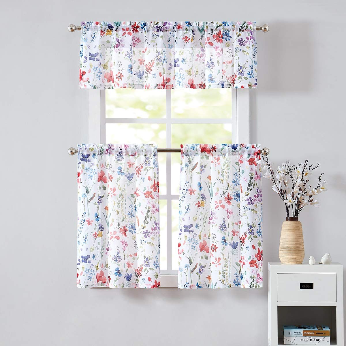 Featured Photo of Floral Watercolor Semi Sheer Rod Pocket Kitchen Curtain Valance And Tiers Sets
