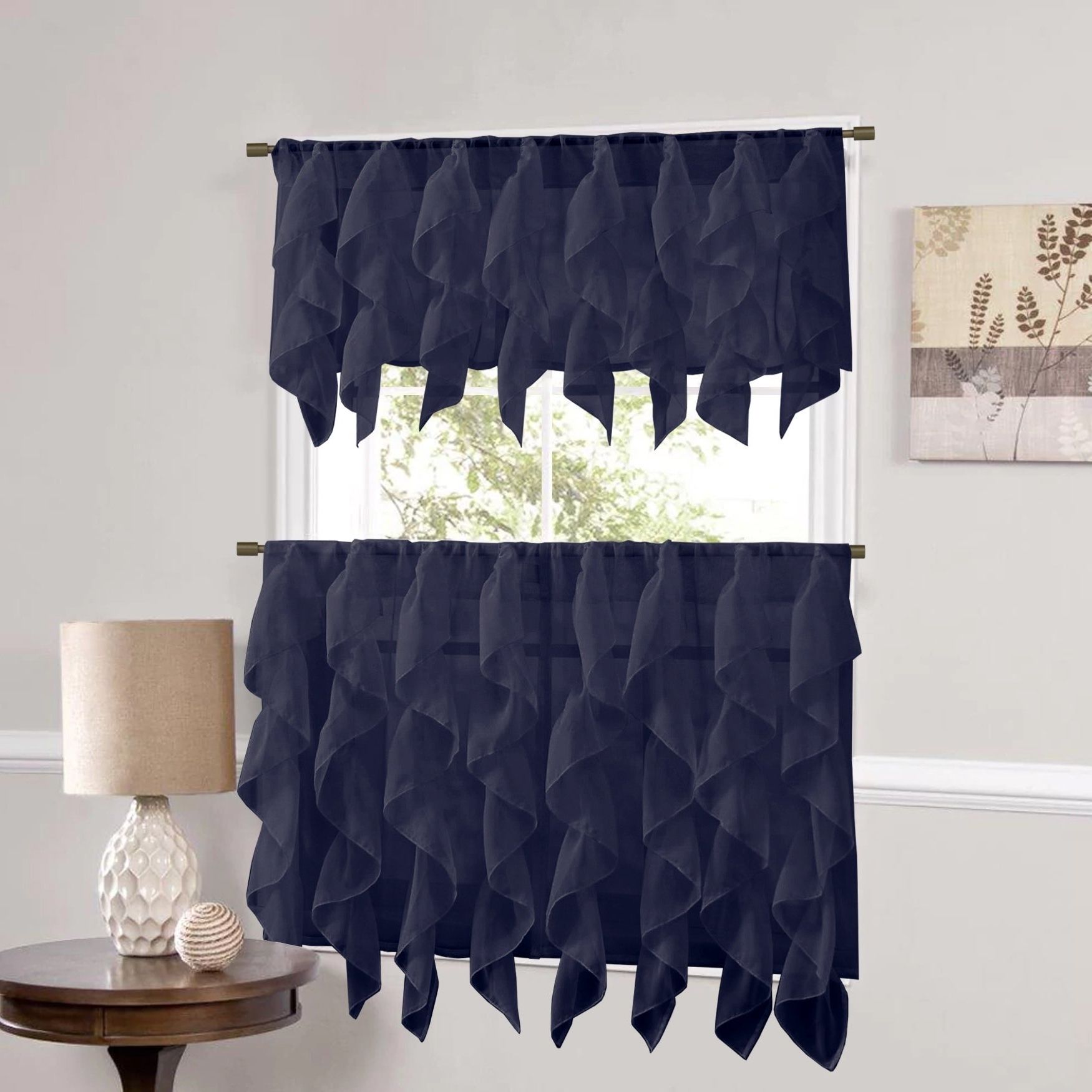 Featured Photo of Navy Vertical Ruffled Waterfall Valance And Curtain Tiers