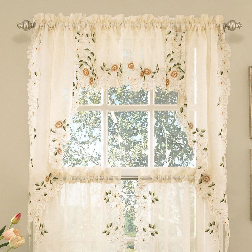 Featured Photo of Floral Lace Rod Pocket Kitchen Curtain Valance And Tiers Sets