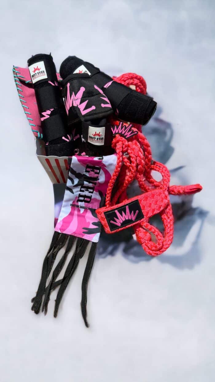 box with the following items placed inside of it: pink tailbag, pink halter, pink splint boots and bell boots and pink phone holder