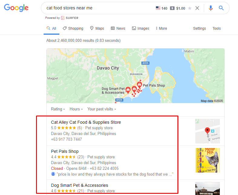 une capture d'écran des magasins de commerce électronique sur les meilleurs résultats de recherche locale sur Google