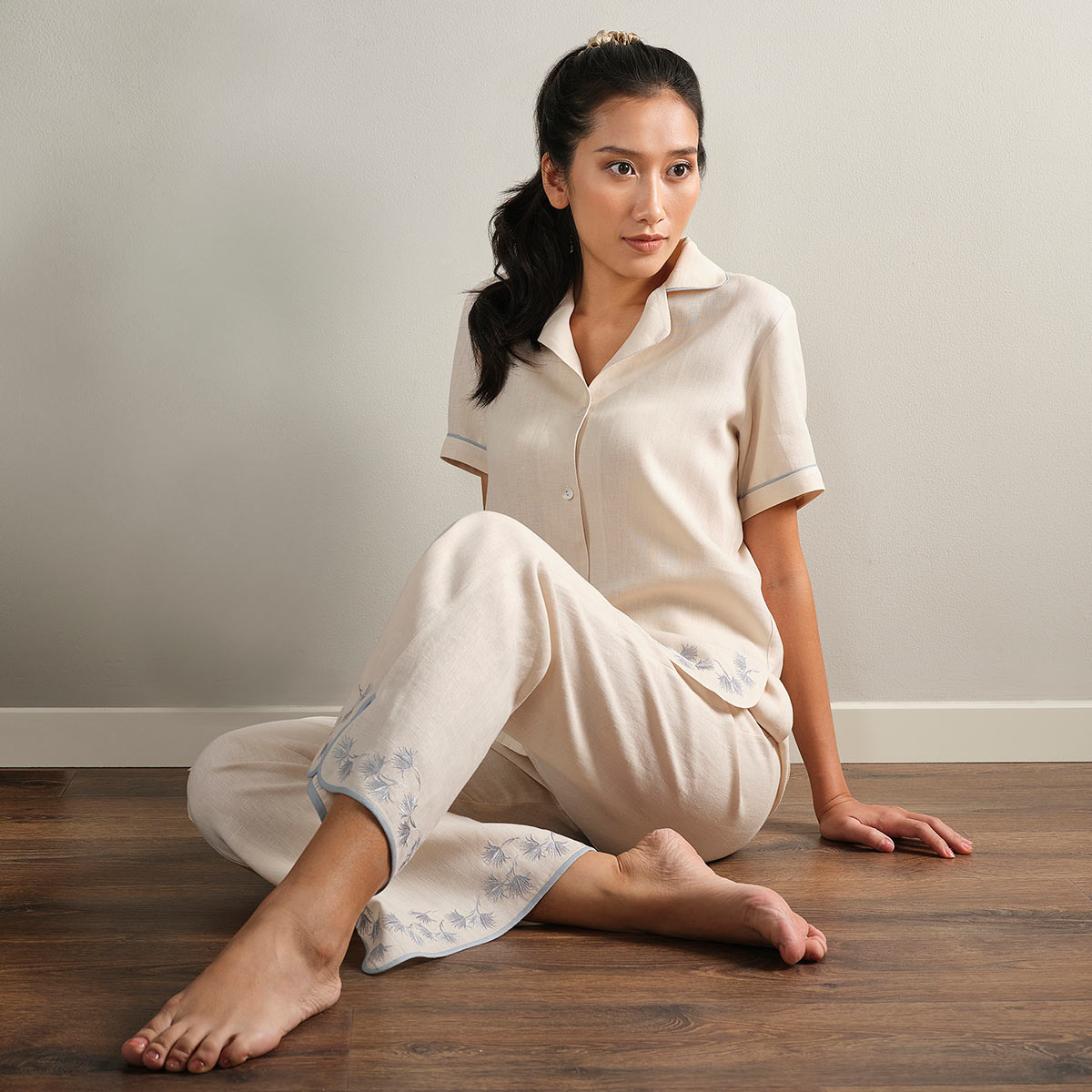 Embroidered Linen Pyjama Top