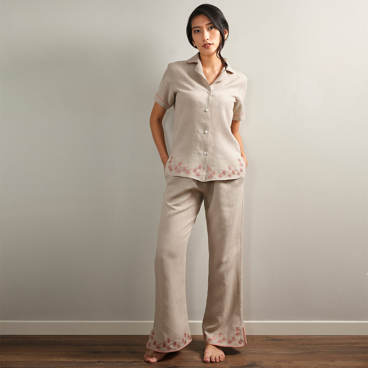 embroidered natural linen pyjama top