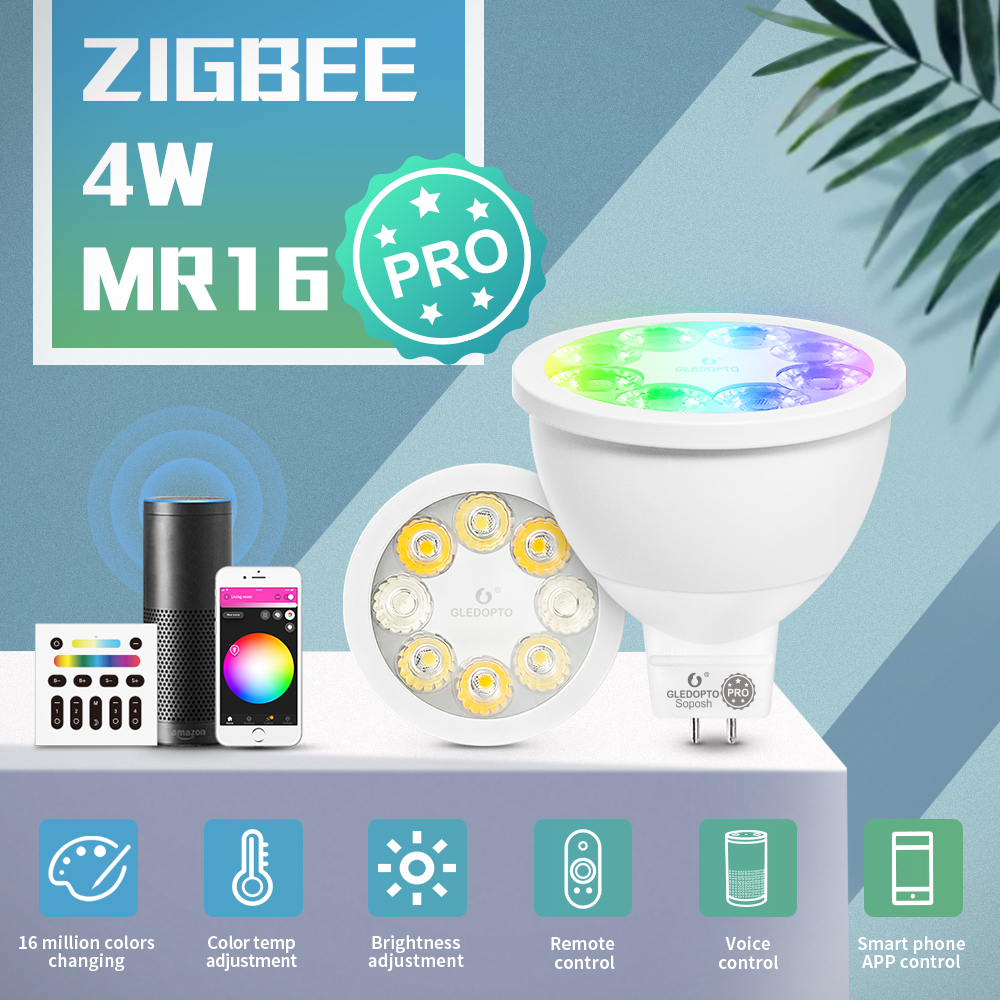 GLEDOPTO Smart ZigBee 3.0 4W RGBCCT MR16 Spotlight Pro Bulb 25 Degree Beam Angle Work with Alexa Echo Plus APP/Voice/RF control